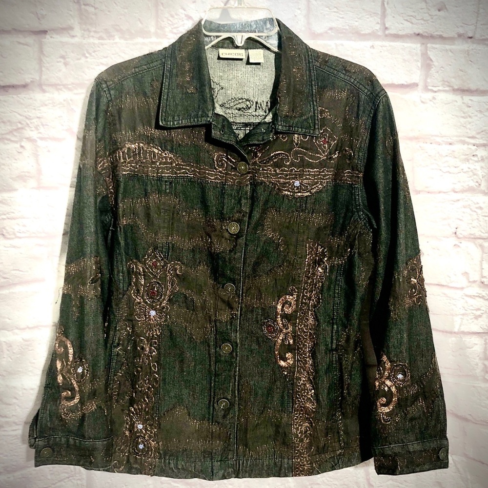 Chico’s Embellished Button-Up Shirt Jacket size 2 Grey Black lightweight Denim